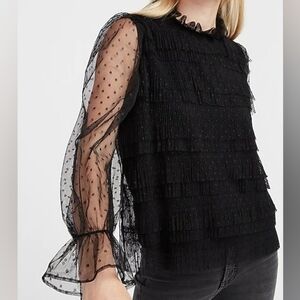 EXPRESS Black Ruffle Polka Dot Tulle Top with Mesh sleeves